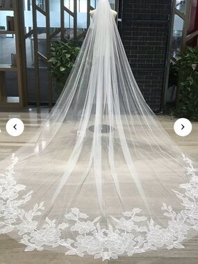 Cathedral Length White Bridal Veil with Floral Lace Edge